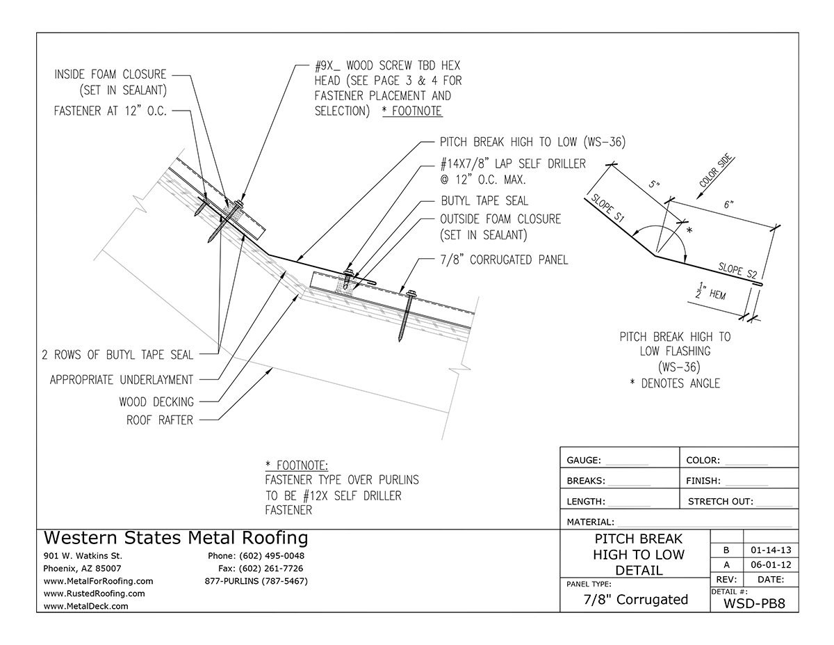 Part WS36 Pitch Break High to Low Trim for Corrugated Metal Roofing