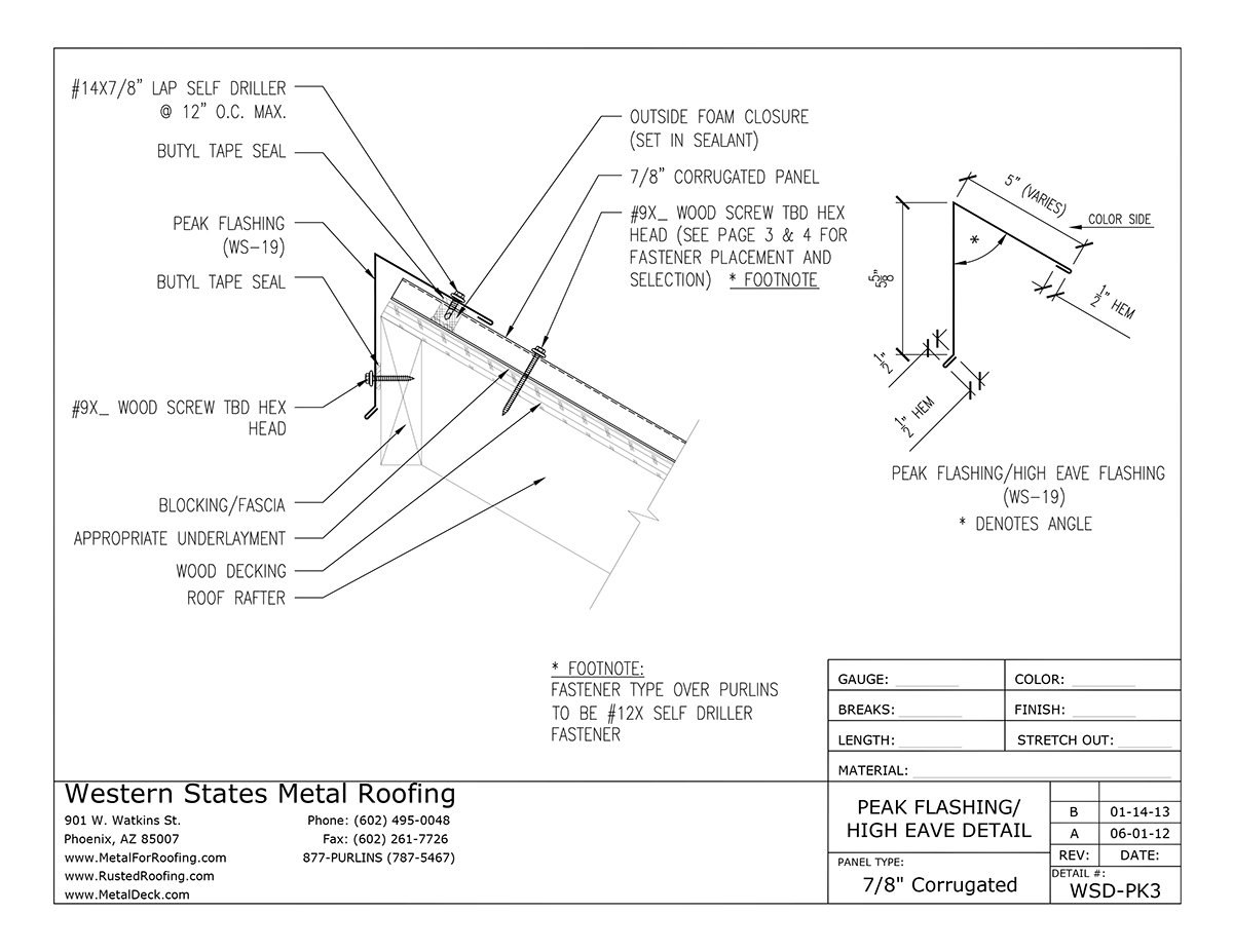 Part WS19 Peak High Eave Flashing for Corrugated Metal Roofing