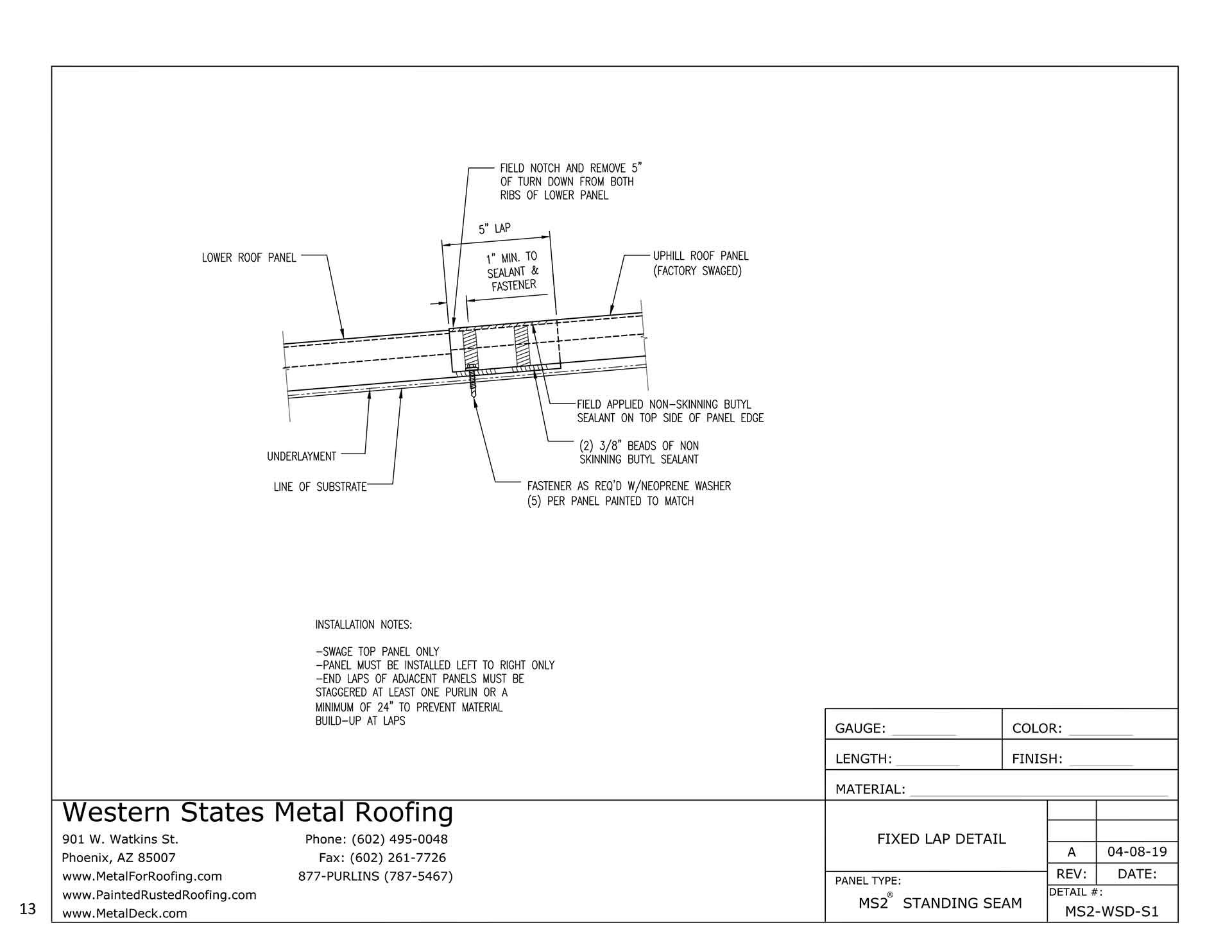Panel End Lap Detail MS2 Mechanically Seamed Roofing