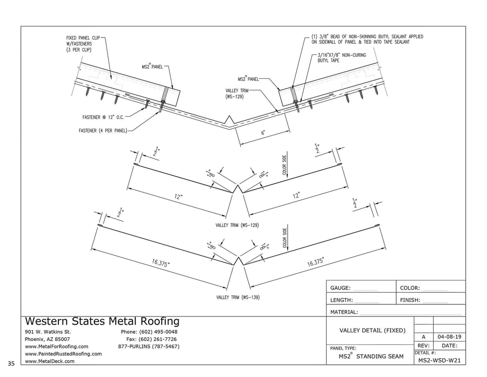 Fixed Valley Flashing With Detail For MS2 Standing Seam