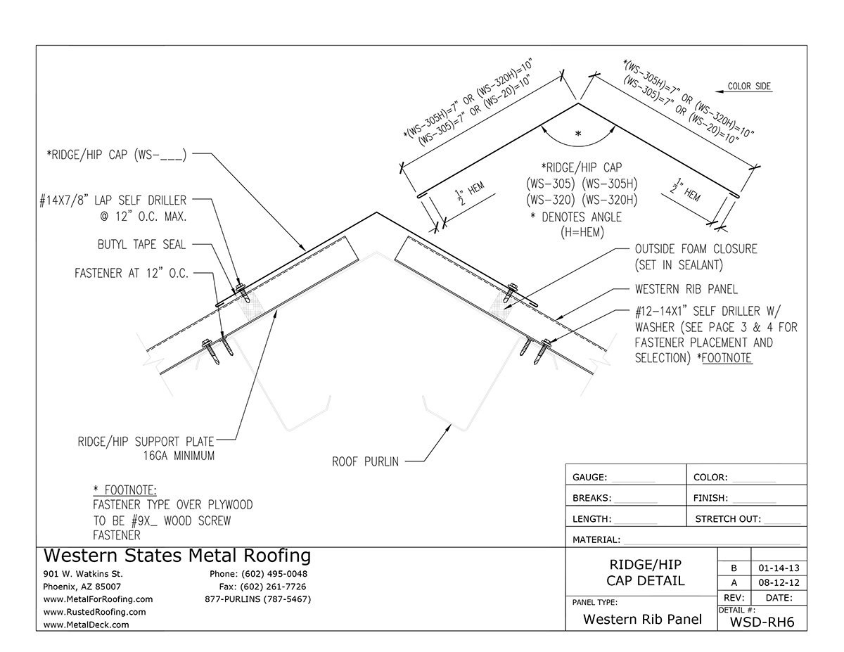 Part #WS-305H Ridge/Hip Cap with Hems for Western Rib (7.2 Panel)